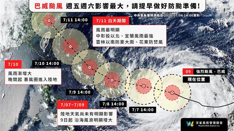 天氣風險公司分析,巴威颱風最快週四陸警,週五、週六風雨最大,暴風圈將襲15縣市。(圖/翻攝自天氣風險 WeatherRisk臉書)
