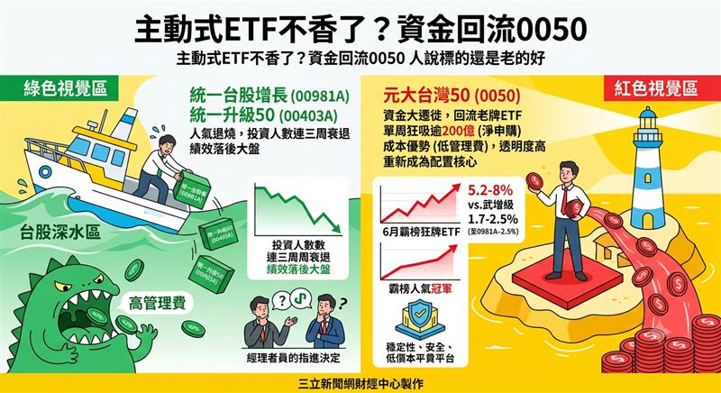 台股進入高檔深水區,投資人對主動式ETF信心動搖,資金大舉撤離00981A與00403A,轉向擁抱老牌市值型ETF 0050。數據顯示投資人對「人為操盤」風險與高管理費已達臨界點,這場從主動轉向被動的資金大遷徙,正徹底改寫台股ETF市場生態。(AI製圖)