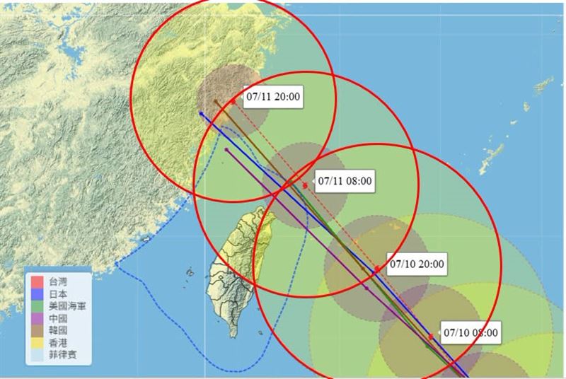 各國氣象單位的主觀預報路徑,大多都位於宮古島附近以及登陸台灣之間。(圖/翻攝自天氣職人-吳聖宇)