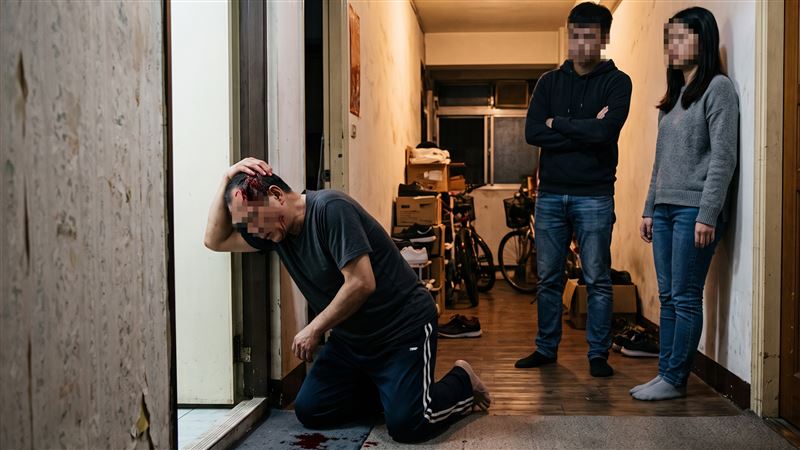 黃姓兄妹跟父親一家三口同住三重區關係緊張、疏離,某天父親呈磕頭的跪姿跌倒在臥室外走廊,蔓延大量鮮血;子女看到並未關切或協助就醫,最終導致人死亡。(示意圖/AI生成)