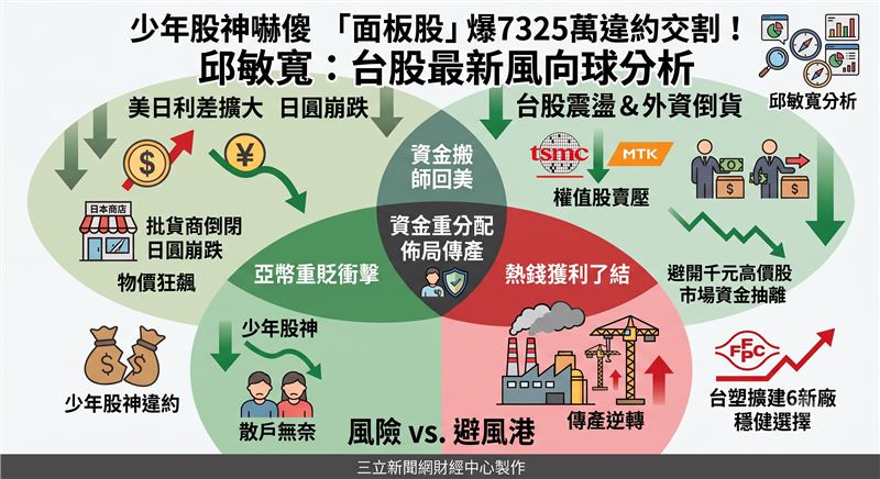 財經專家邱敏寬在三立iNEWS財經台《新聞線》指出，日圓匯率貶破40年新低，日本上半年已有45家批貨商宣告破產。專家同時揭露少年股神當沖友達失敗，爆出高達7325萬元的違約交割案，邱敏寬直指貪婪是主因。針對外資急抽腿的台股震盪，邱敏寬於三立iNEWS財經台《新聞線》建議，台塑等傳產股正成為市場資金轉入的避風港。（圖／三立新聞網財經中心蕭榕AI製圖）