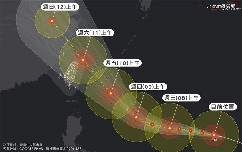 「台灣颱風論壇｜天氣特急」說，巴威因體型龐大，暴風圈可籠罩3分之2個台灣。（圖／翻攝自台灣颱風論壇臉書）