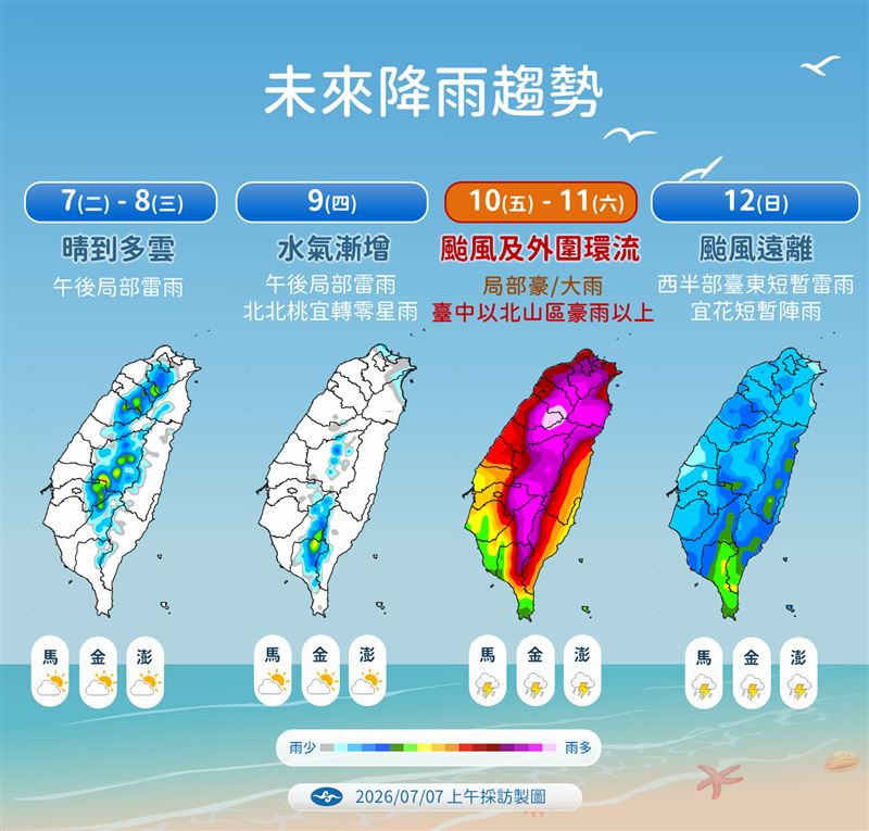 巴威颱風逼近，中部以北、東北部、南投及北花蓮都會出現明顯降雨。（圖／氣象署）