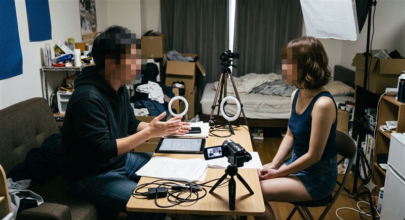 男子大學肄業、未婚又無業,竟假冒日本成人影片經紀公司人員、男演員一人分飾多角,誘騙8名成人影片女演員發生性行為。(示意圖/AI生成)