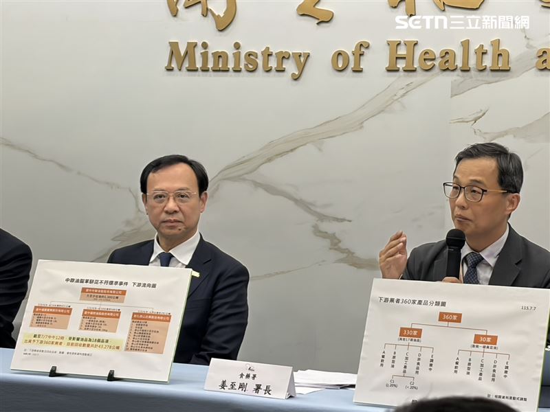衛福部長石崇良（左）臨時加入「食藥署針對中聯大豆沙拉油事件最新進度說明」臨時記者會。（圖／記者簡浩正攝影）