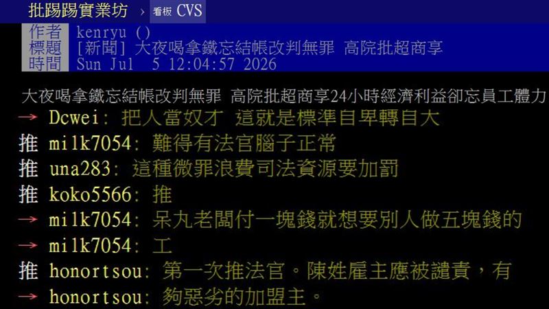 網友以「大夜喝拿鐵忘結帳改判無罪,高院批超商」為題發文,引起網友熱烈討論,怒轟雇主。(圖/翻攝自PTT) 