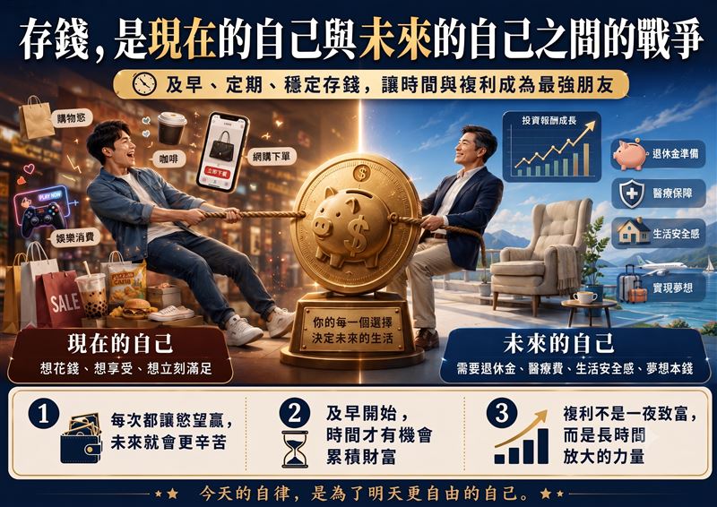 有錢人的致富秘密曝光了!懂這12個字【讓儲蓄變成一件不痛苦的事】。讓自己一輩子有錢大賺金山。(圖/Gemini製作、遠流出版提供)