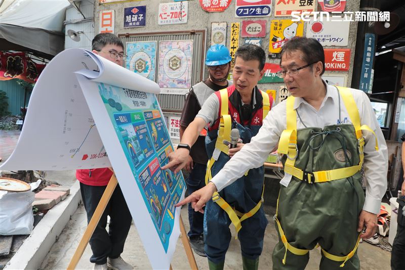 迎戰巴威颱風!黃偉哲著「青蛙裝」鑽下水道,急召防颱會議下達動員令。(圖/南市府提供)