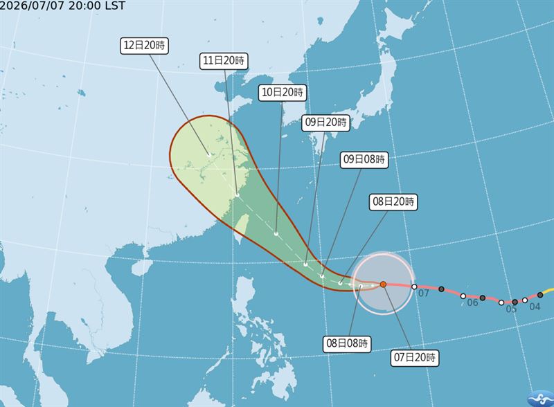 巴威預計週三晚間開始北轉,往台灣周圍海域靠近。(圖/氣象署)