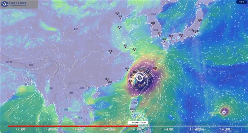風場預報圖可見到,強烈颱風「巴威」未來暴風圈將壟罩台灣。(圖/中央氣象署)