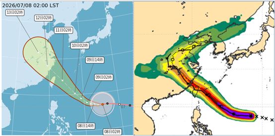 右圖:最新(7日20時)歐洲模式(ECMWF)系集模擬圖顯示,強颱「巴威」的系集平均路徑比「路徑潛勢預測圖」的路徑稍偏南,中心擦過臺灣北部海面或接觸北端陸地之機率仍存在,北偏通過宮古島或南偏登陸東部之機率亦不能排除。(圖/洩天機教室)