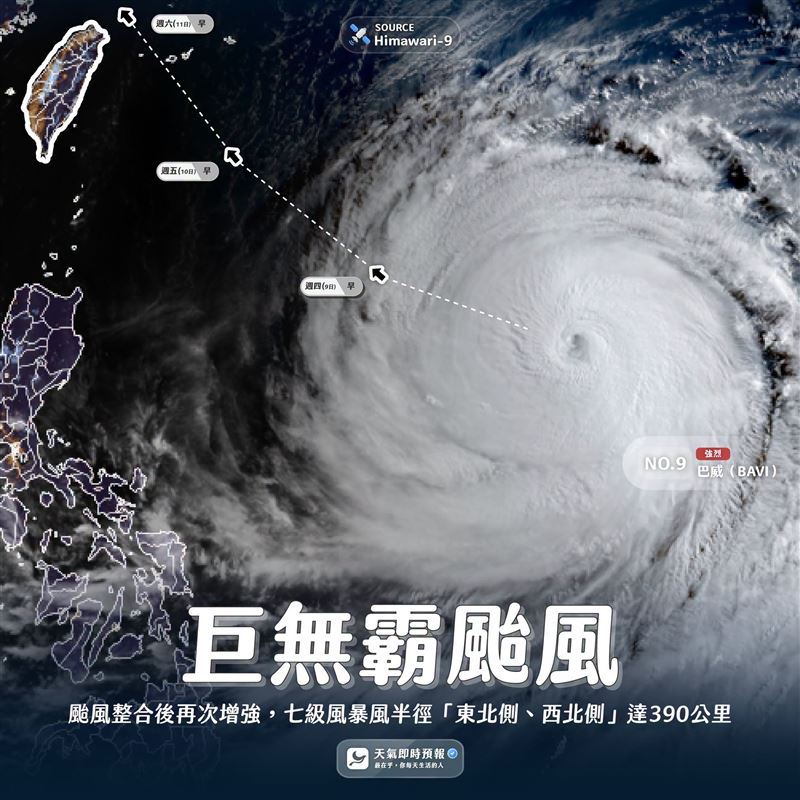 氣象粉專曬圖,讓大家可對比台灣與颱風的大小差距。(圖/翻攝自天氣即時預報 臉書)