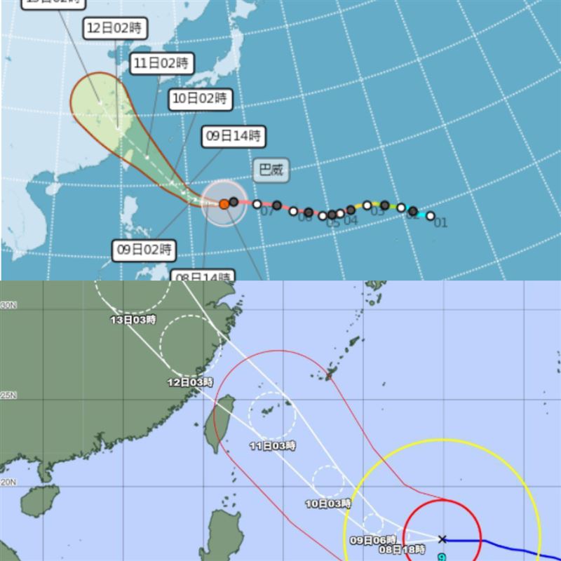 中央氣象署、日本氣象廳的巴威颱風路徑預測。(圖/取自氣象署、日本氣象廳)