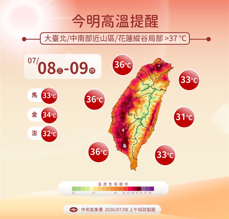 今、明兩天高溫依舊明顯,大台北、中南部近山區及花東縱谷局部地區仍有36度以上高溫發生機率,民眾外出注意防曬。(圖/中央氣象署提供)