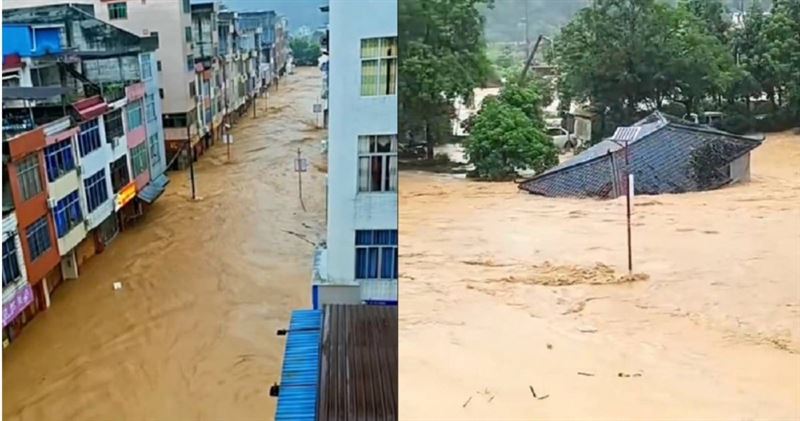 大陸廣西因颱風暴雨多個地區水庫潰壩,其中橫州一處養殖場有逾900條蛇因洪水逃出,引發在地民眾恐慌,更傳出有人被咬傷送醫。(圖/翻攝自微博/娛樂小福星)