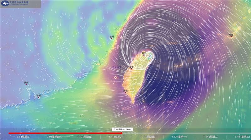 風場預報顯示,北部、宜蘭、連江將受到颱風核心風雨的襲擊。(圖/中央氣象署)