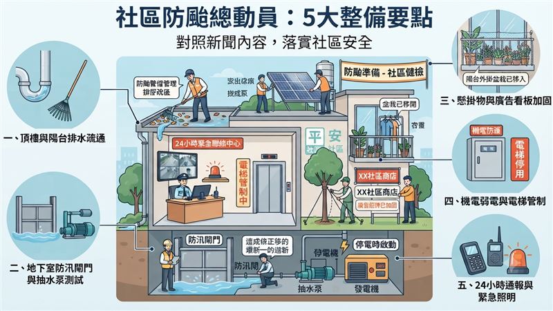 社區防颱健檢五大要點。(AI圖/記者陳韋帆製)