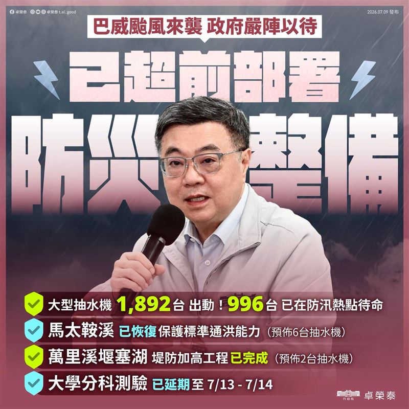 行政院長卓榮泰今（9）日在社群平台表示，颱風預計在10日(五）至11日（六） 影響台灣最劇烈，行政團隊已全面進入整備狀態。（圖／翻攝卓榮泰臉書）