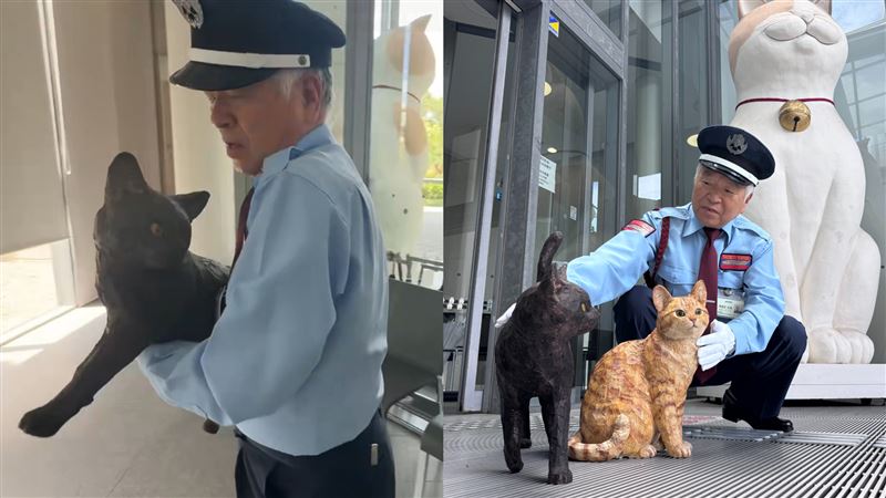 黑貓Ken醬離世後,以木雕的形式被警衛抱進美術館。(圖/翻攝自X平台 @bijutsu1)