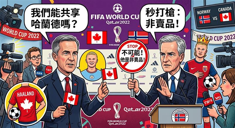 2026年世足熱潮蔓延至北約峰會,加拿大總理卡尼幽默提議「共享」挪威球星哈蘭德出戰世界盃,隨即遭挪威總理斯托爾秒打槍,逗樂全場。(示意圖/AI生成)