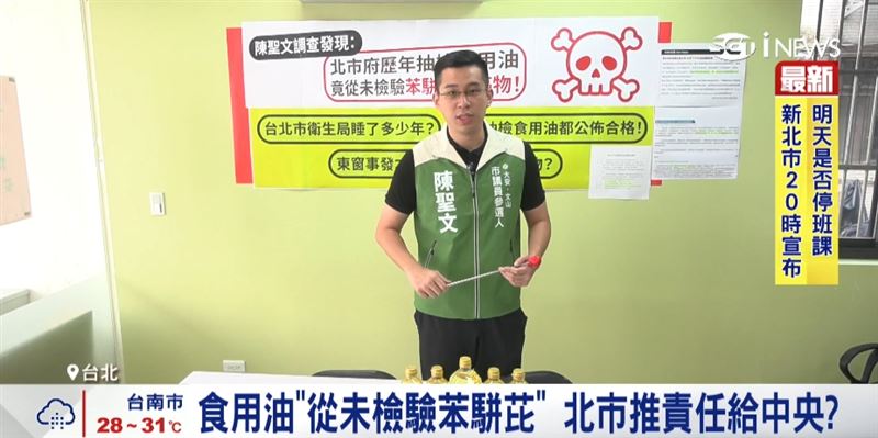 北市食用油「從未檢驗苯駢芘」致癌油風暴,陳聖文批北市衛生局推中央。(圖/截自影片)