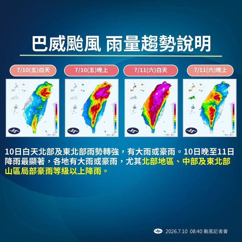 巴威颱風雨量趨勢。(圖/氣象署)