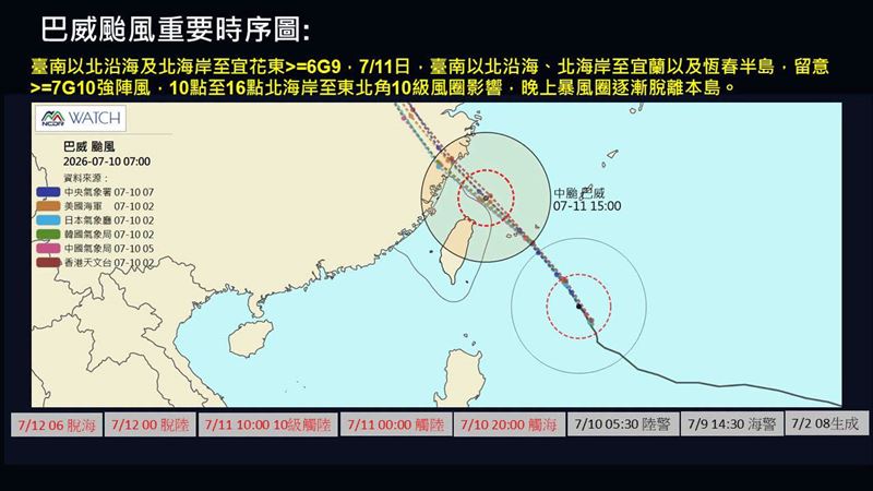 賈新興預估,巴威暴風圈將於今晚8時接觸台灣近海,11日凌晨0時開始觸陸。(圖/翻攝自賈新興臉書)
