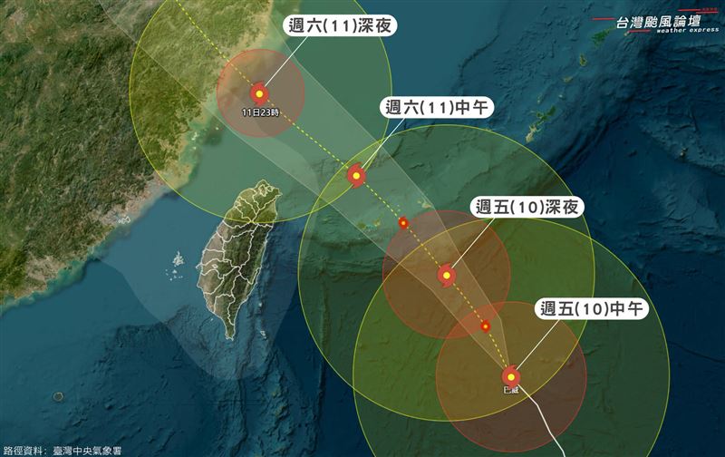 預估巴威週六中午至傍晚通過台灣北部外海,深夜登陸中國福建。(圖/翻攝自台灣颱風論壇|天氣特急)