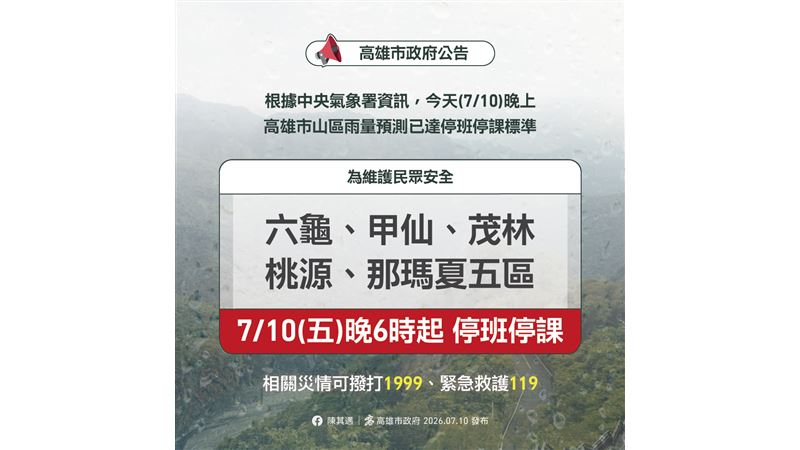由於山區預估雨量達到停班停課標準,高雄市政府宣布山區5區晚間6點起停班停課。(圖/市府提供)