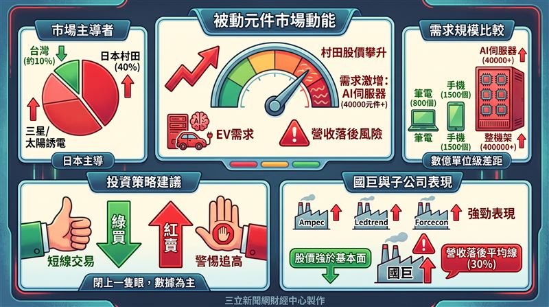 分析師蔡明翰於三立iNEWS財經台《CATCH!大錢潮》節目中指出,被動元件市場主要由日本村田主導,台股投資人操作國巨時,必須密切觀察日本龍頭的股價走勢。主持人王志郁與專家探討被動元件前景,蔡明翰提醒部分公司累計營收仍落後上市平均值,股民進場應警惕追高風險。針對AI伺服器帶動MLCC需求的巨幅成長,蔡明翰建議操作中小型被動元件股應採短線策略,掌握買綠不買紅的原則。(圖/AI製圖)