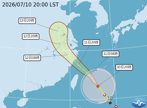 中颱「巴威」逼近北台灣，北市宣布明停班停課，台北市長蔣萬安示警，風雨最劇時段，市區恐出現10至12級強風。（圖／中央氣象署）