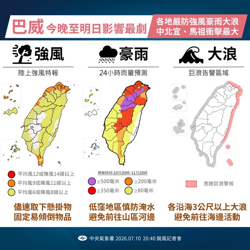 巴威最強風雨來襲恐炸豪雨。(圖/中央氣象署)