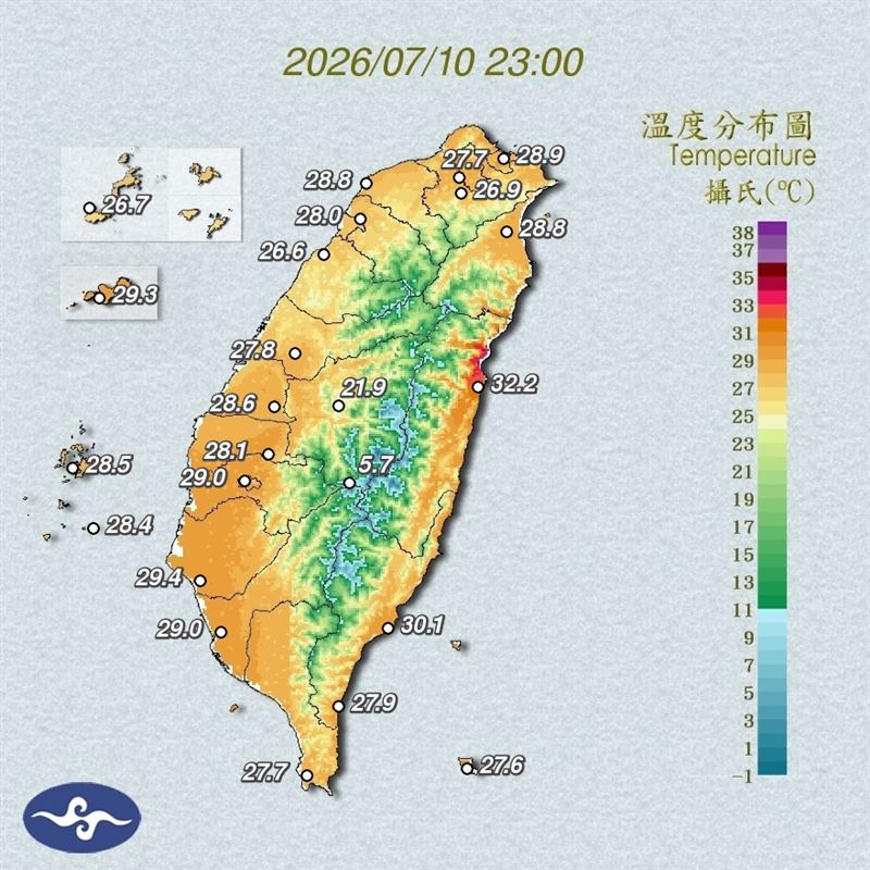 颱風沉降效應下出現高溫。（圖／中央氣象署）