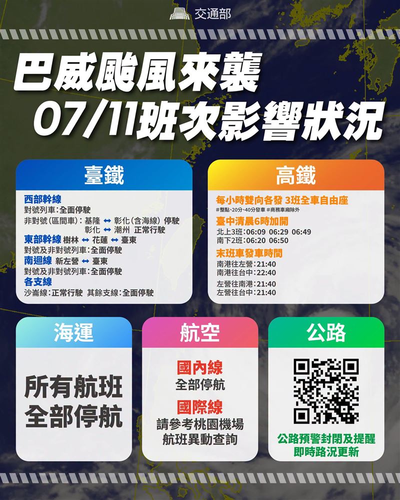巴威颱風進逼！11日週六最新交通異動。（圖／交通部）