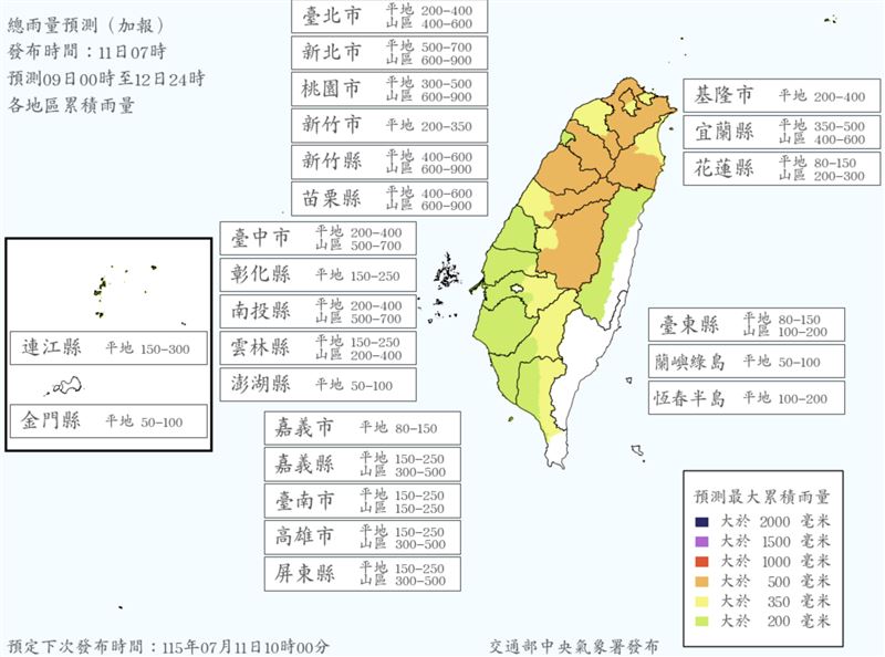 巴威風雨最劇烈時刻,5縣市超大豪雨,總雨量上看900毫米、恐飆13級陣風。(圖/翻攝自氣象署官網)