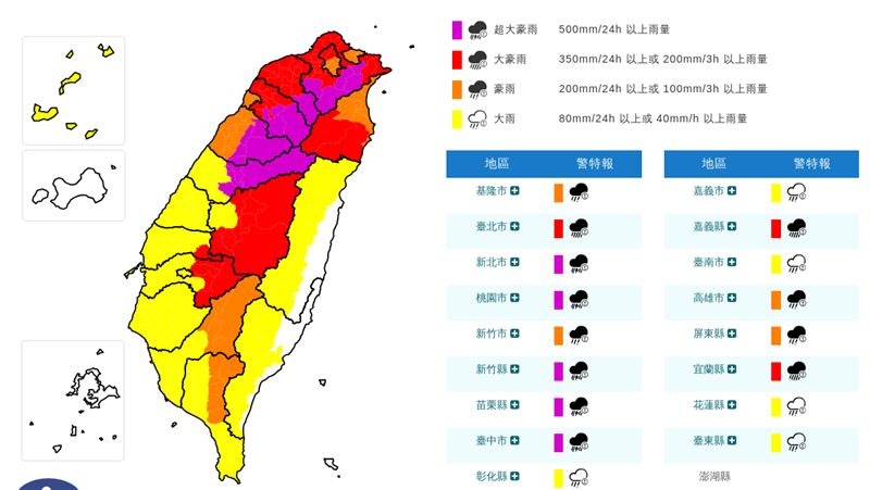 新/20縣市豪雨特報「5地紫爆超大豪雨」