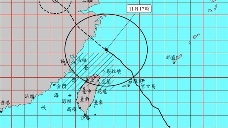 中央氣象署今(11)日持續發布海上陸上颱風警報,9縣市應戒備,「台中、南投、彰化、花蓮」解除陸警。(圖/氣象署)