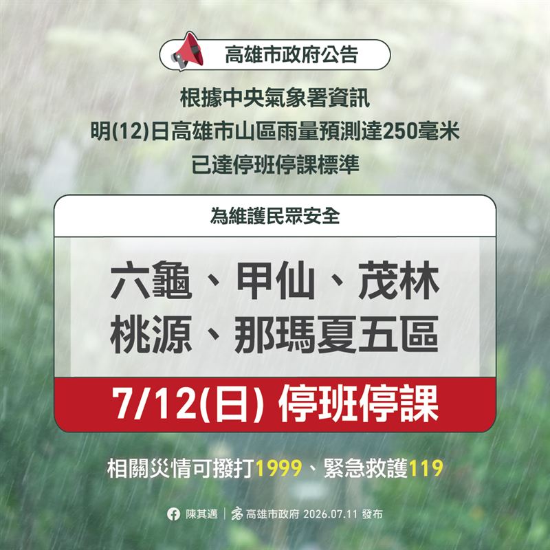 高雄市府宣布5行政區,12日停班停課。(圖/高雄市府提供)