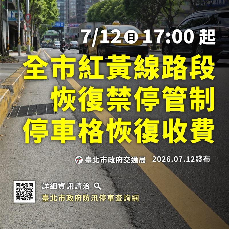 颱風遠離,台北市7月12日17:00恢復紅黃線管制。(圖/翻攝自北市府官網)