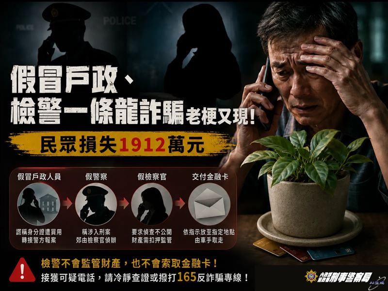 警方提醒假檢警詐騙手法再現,民眾不要受騙上當。刑事局提供