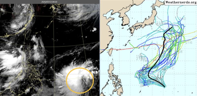 左圖:13日4:10真實色雲圖顯示,菲律賓東方海面有熱帶雲簇(黃圈)醞釀中,發展成熱帶低壓、還需兩或三天。右圖:最新(12日20時)美國模式(GEFS)系集模擬顯示,其行徑先偏西北再轉東北,強度偏弱。(圖/翻攝自洩天機教室官網)