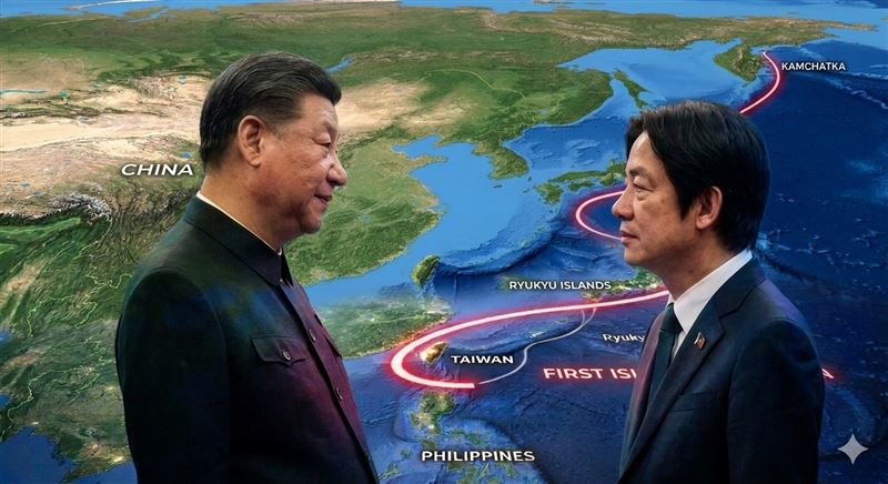 國安單位掌握,今年6月至7月間,超過110艘中國軍艦與海警船在第一島鏈周邊活動,創下二戰以來歷史新高。同時,中國上週更公開自核潛艦向太平洋試射潛射彈道飛彈,彈道飛越菲律賓,挑釁意味極為濃厚。(圖/Gemini製圖)
