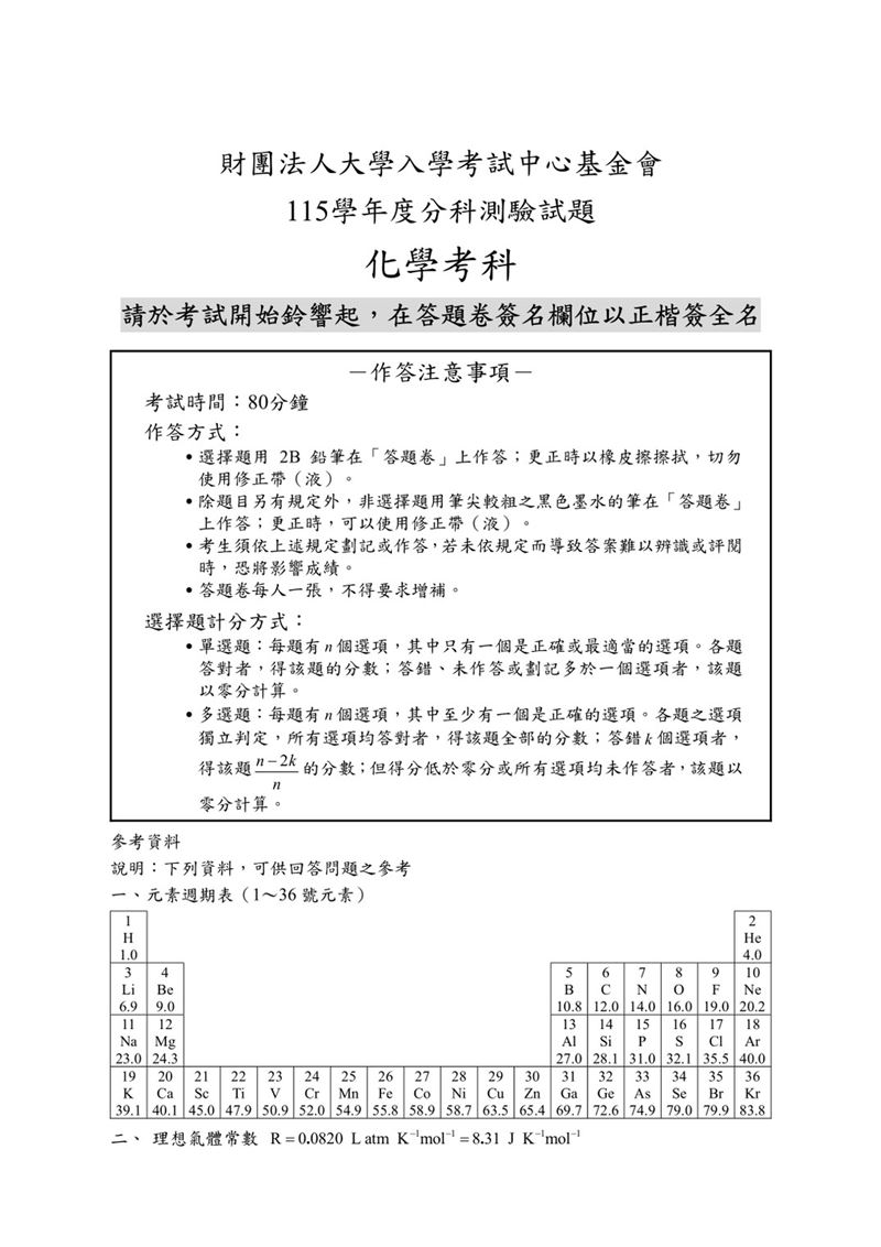 115學年度分科測驗「化學」試題與參考解答。(圖/Good全名師教學團隊提供)