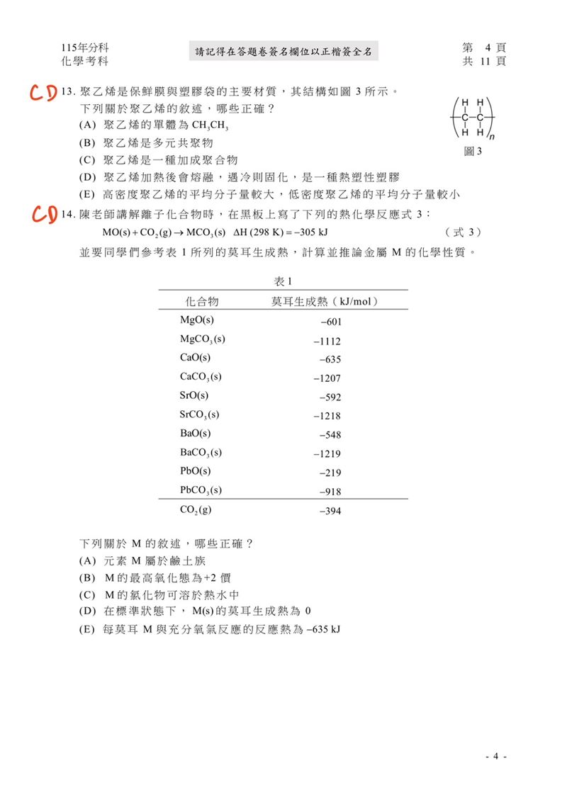 115學年度分科測驗「化學」試題與參考解答。(圖/Good全名師教學團隊提供)