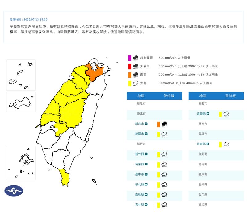氣象署針對10縣市發布大雨、豪雨特報。(圖/氣象署)