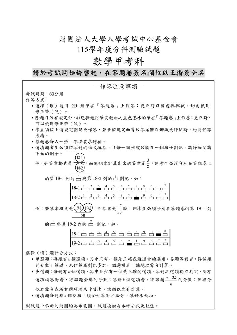 115學年度分科測驗「數學甲」試題與參考解答。(圖/Good全名師教學團隊提供)