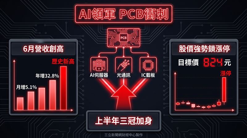 臻鼎-KY日前公布6月營收表現亮眼，達170.33億元，月增5.1%、年增32.8%，寫下歷年同期新高紀錄；第2季營收也繳出484.31億元成績單，年增26.8%，上半年營收更高達891.59億元、年增13.9%，無論單月、單季抑或上半年，皆同步刷新同期歷史高點，堪稱「三冠加身」。法人相當看好臻鼎-KY後續發展潛力，將其目標價上修至824元。（圖／三立新聞網財經中心蕭榕AI製圖）