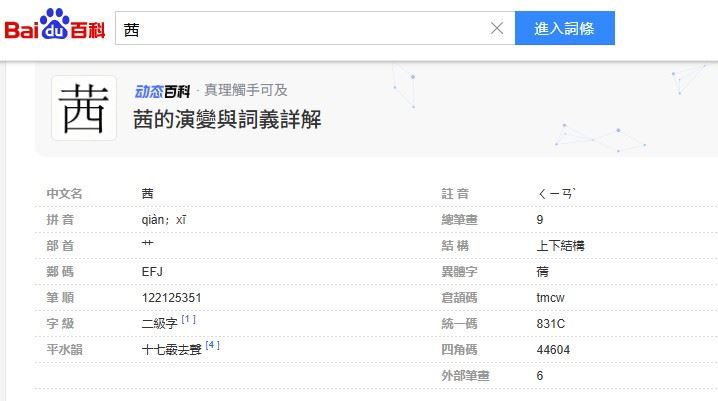 中國《百度百科》顯示,「茜」可讀作「ㄑㄧㄢˋ」或「ㄒㄧ」。(圖/翻攝自中國《百度百科》)