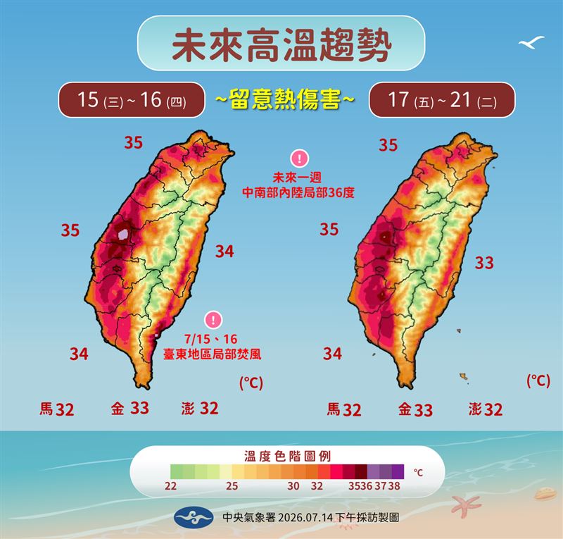 未來幾天高溫持續,部分地區可能達35度或以上。(圖/氣象署)