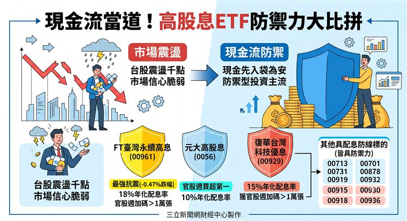 台股昨(14)日震盪千點後留下長下影線,市場信心轉趨脆弱。在外部動盪下,資金全面轉向「高配息現金流」策略,FT臺灣永續高息(00961)等高息ETF因防禦性強,成為官股與法人避險的資金避風港,落實「先入袋為安」的防禦哲學。(AI製圖)